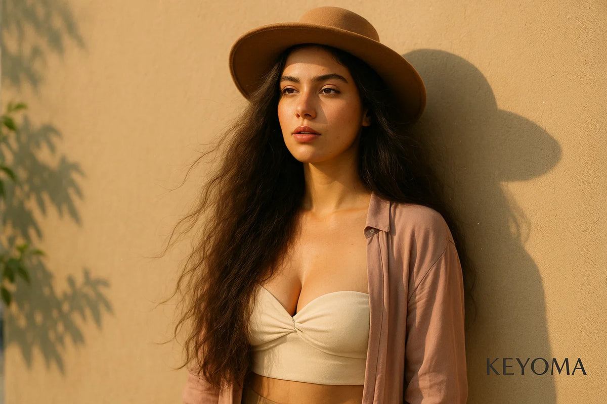 Outdoor portrait of woman in hat with humid frizz, Keyoma illustrates sun protection and humidity management.