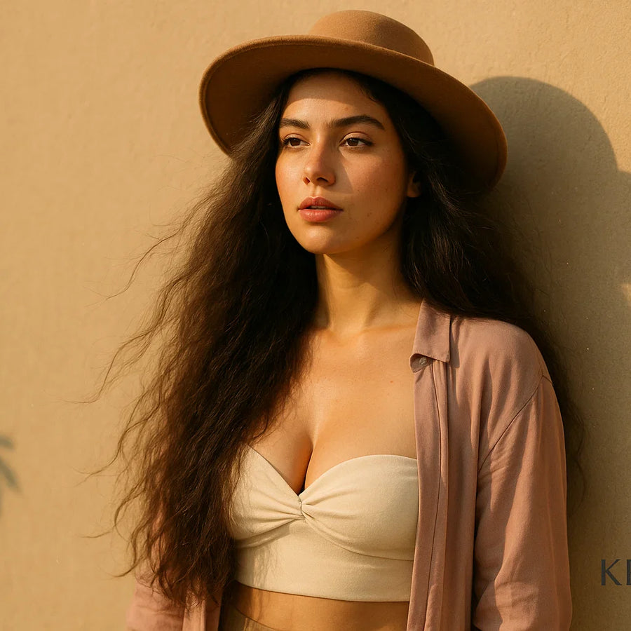 Outdoor portrait of woman in hat with humid frizz, Keyoma illustrates sun protection and humidity management.