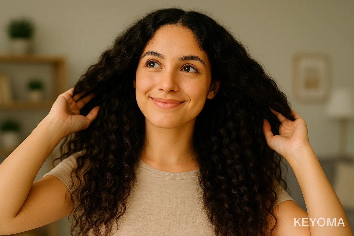 Keyoma image of a Hispanic woman touching her long, thick, curly hair while smiling at the camera