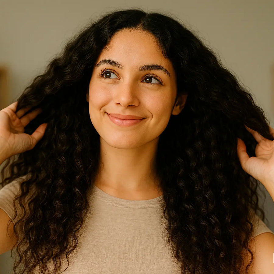 Keyoma image of a Hispanic woman touching her long, thick, curly hair while smiling at the camera