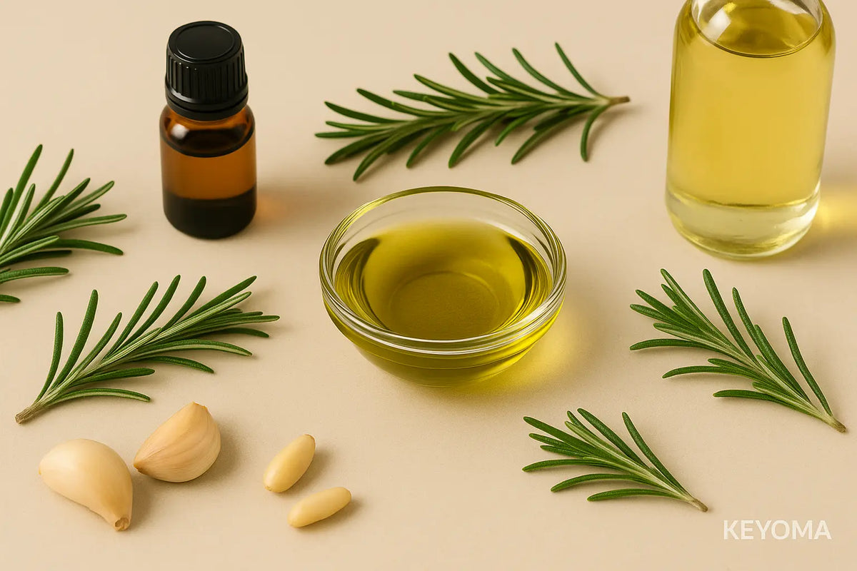 Keyoma illustration of a small bowl of rosemary oil diluted with a carrier oil