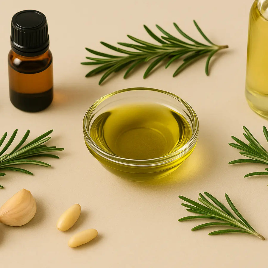 Keyoma illustration of a small bowl of rosemary oil diluted with a carrier oil