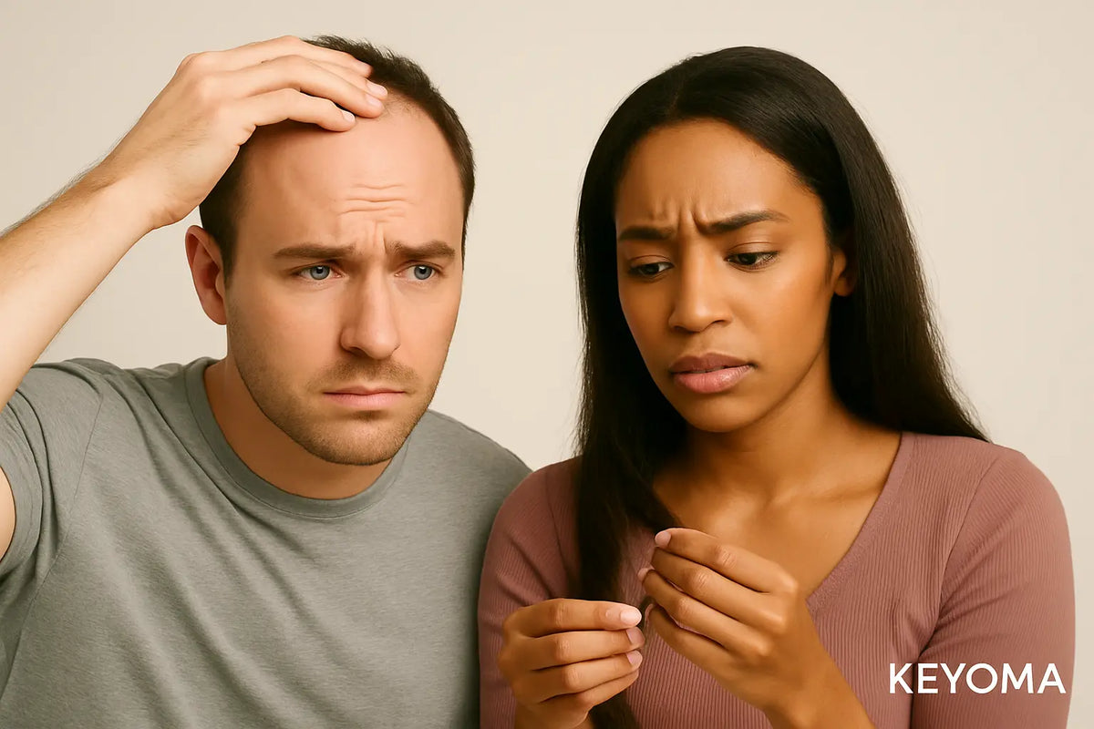 Keyoma illustration showing a balding man and a woman worrying about her hair.