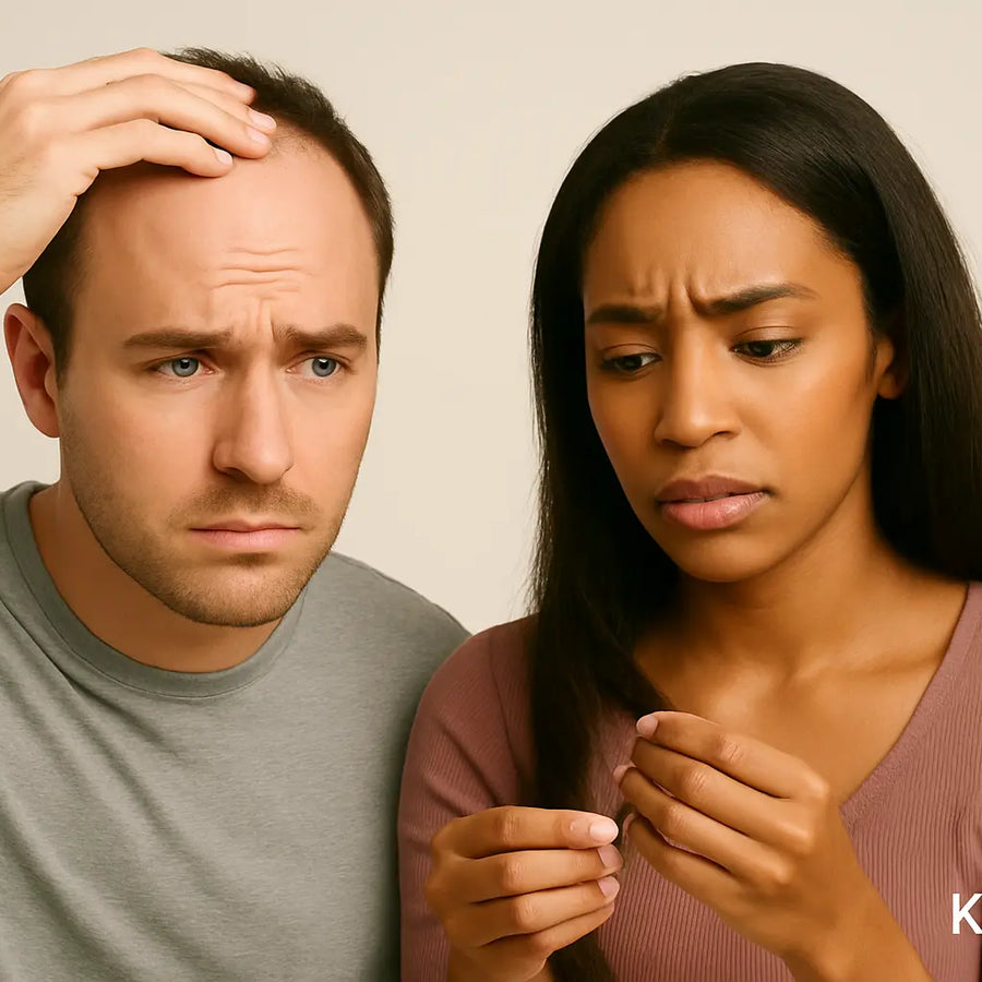 Keyoma illustration showing a balding man and a woman worrying about her hair.