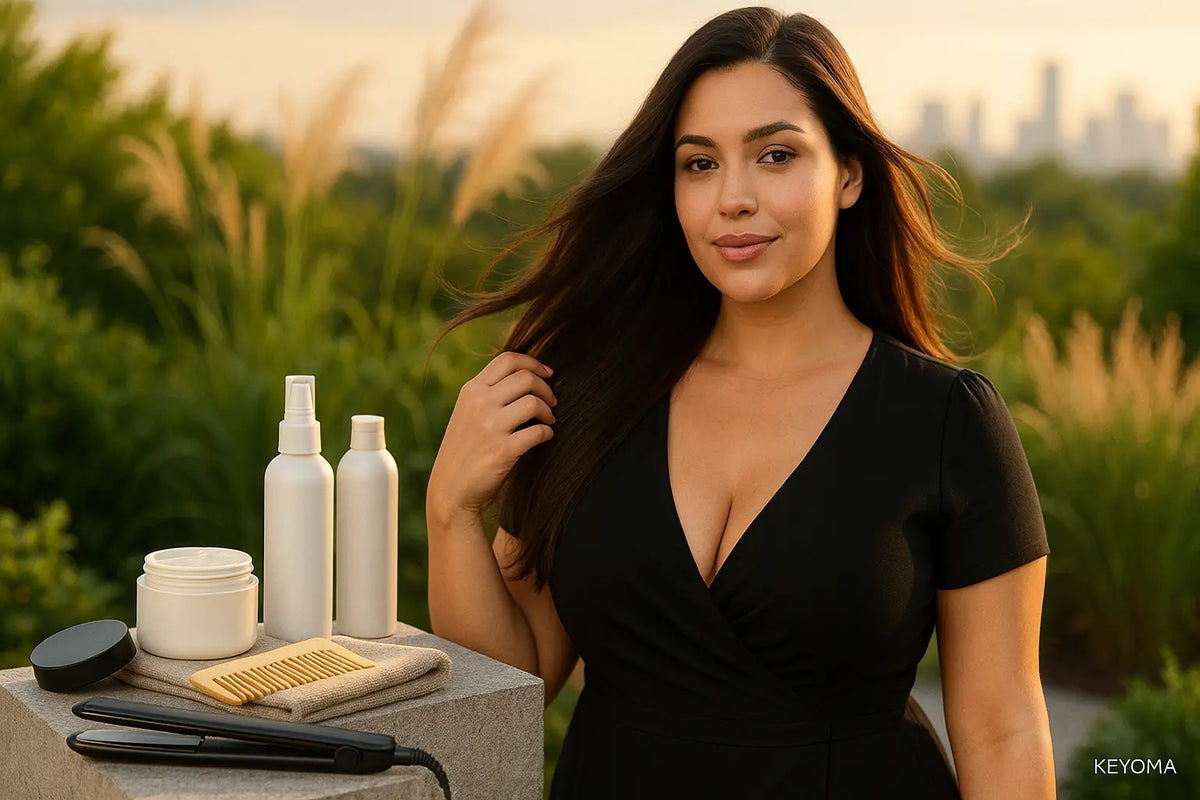 A woman with smooth dark hair poses outdoors at golden hour beside a comb, cream jar, spray bottles, and a flat iron, illustrating a salon-style keratin routine by Keyoma.