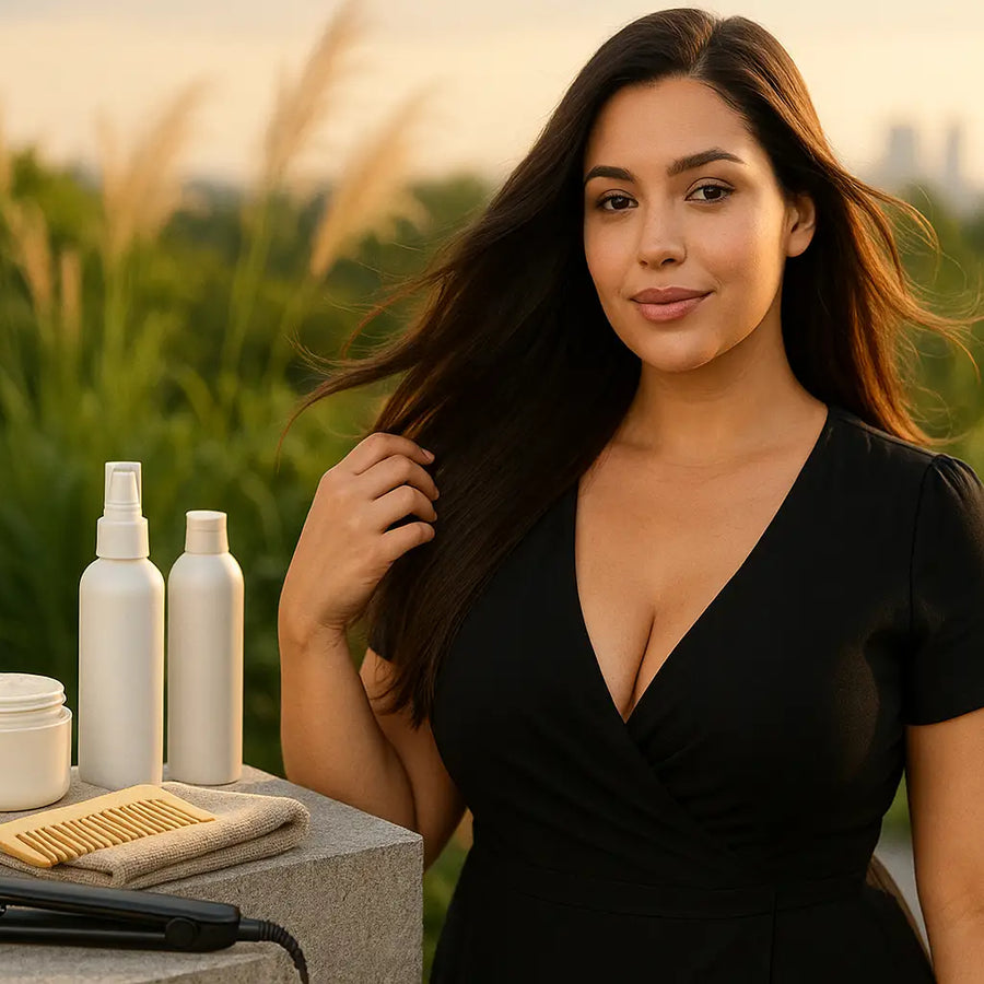 A woman with smooth dark hair poses outdoors at golden hour beside a comb, cream jar, spray bottles, and a flat iron, illustrating a salon-style keratin routine by Keyoma.