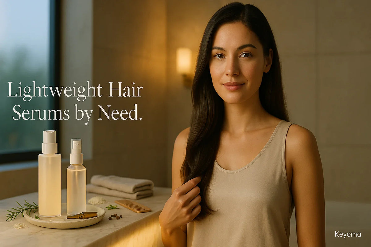 In a warm spa-like bathroom, a woman gently touches her long hair beside two frosted serum bottles on a tray with a comb, towel, and rosemary sprig as the on-screen text reads “Lightweight Hair Serums by Need,” featuring the Keyoma brand.