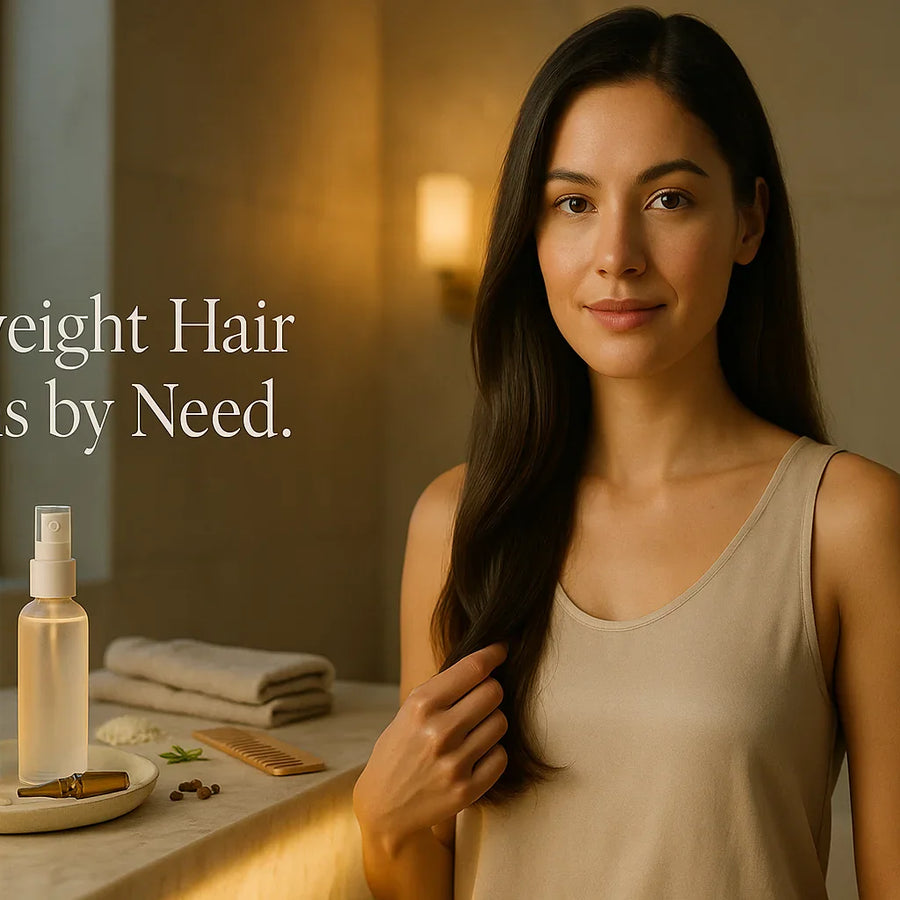 In a warm spa-like bathroom, a woman gently touches her long hair beside two frosted serum bottles on a tray with a comb, towel, and rosemary sprig as the on-screen text reads “Lightweight Hair Serums by Need,” featuring the Keyoma brand.