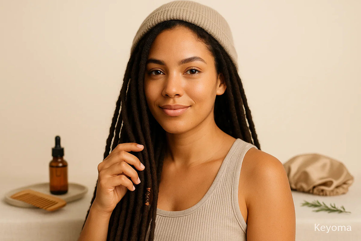 Woman with healthy locs in beanie poses indoors, Keyoma bottle and comb suggest batana oil care.