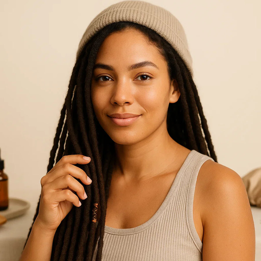 Woman with healthy locs in beanie poses indoors, Keyoma bottle and comb suggest batana oil care.