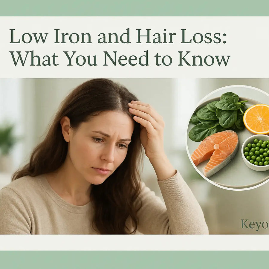  A Keyoma image showing a concerned woman touching her hair, with an inset of iron-rich foods like salmon, spinach, oranges, and peas, illustrating the link between low iron and hair loss.          Ask ChatGPT
