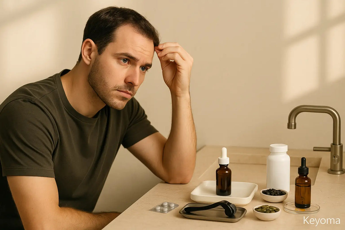 A concerned man examines his hairline at a bathroom counter with a microneedling roller, dropper serums, pills, and supplement bowls, illustrating a Keyoma hair loss care routine.