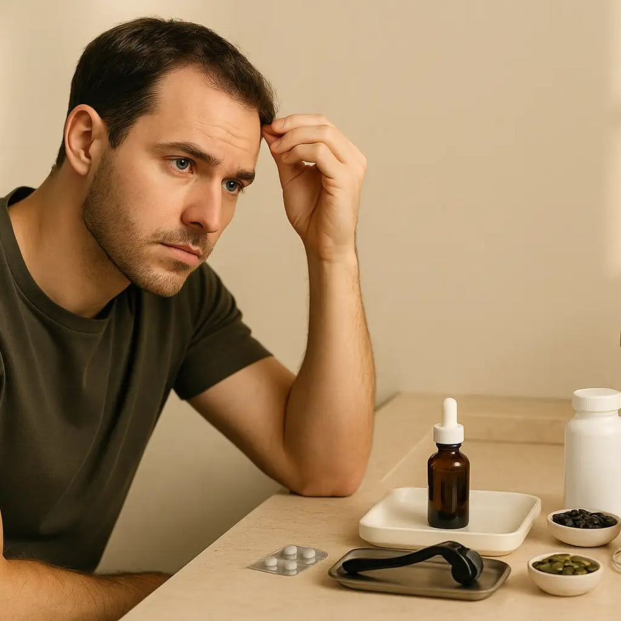 A concerned man examines his hairline at a bathroom counter with a microneedling roller, dropper serums, pills, and supplement bowls, illustrating a Keyoma hair loss care routine.