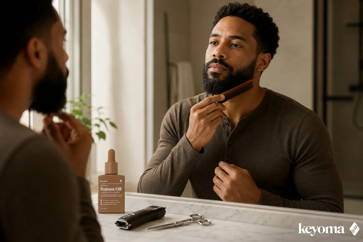 Man combing his beard in a bathroom mirror beside Keyoma oil, a trimmer, and grooming scissors.