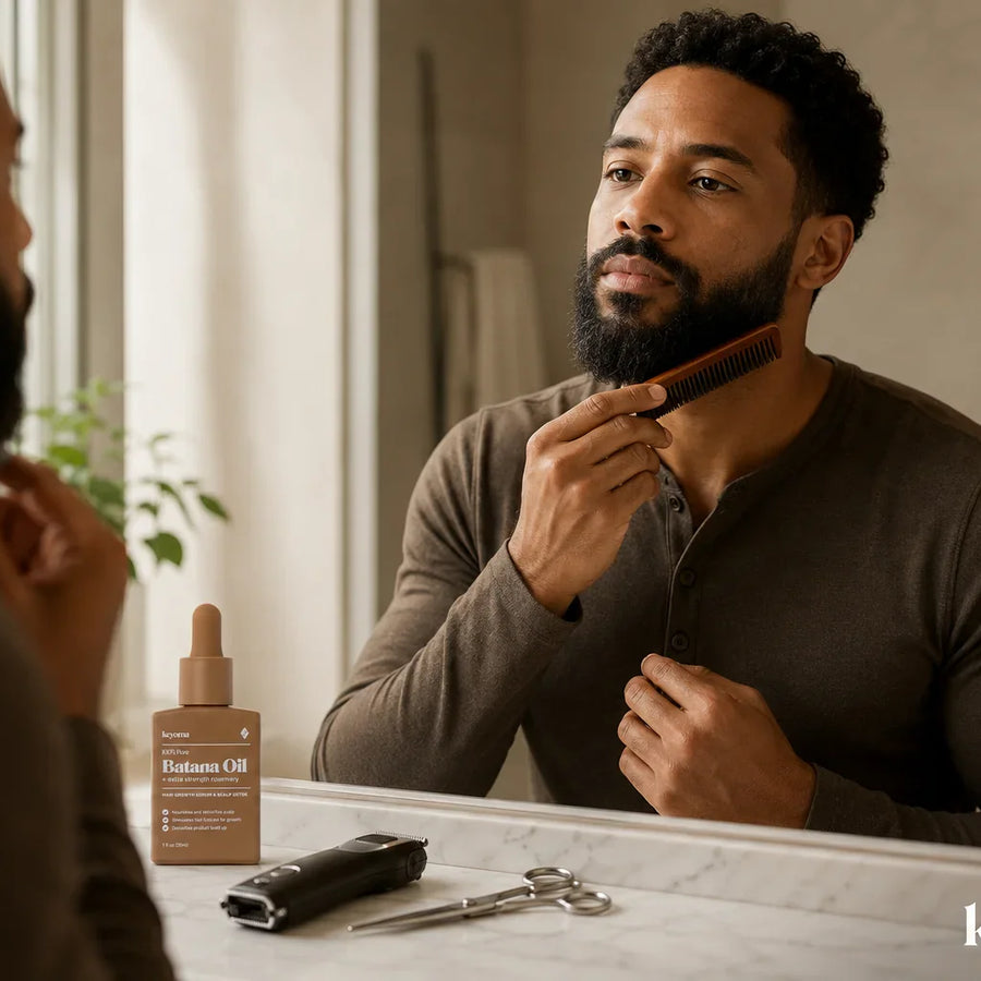 Man combing his beard in a bathroom mirror beside Keyoma oil, a trimmer, and grooming scissors.