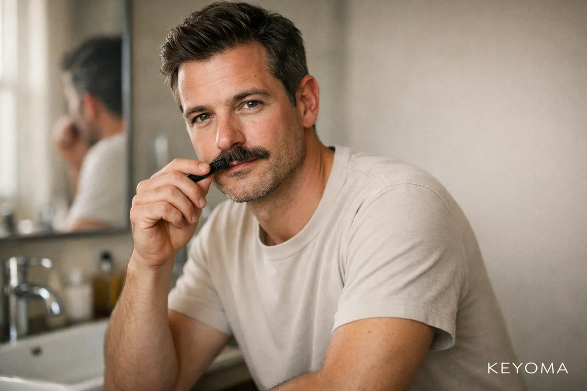 Man holding mustache comb in bathroom mirror with Keyoma watermark visible.