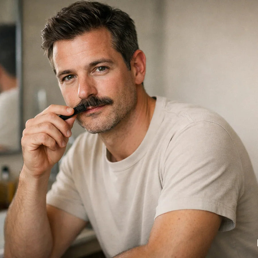 Man holding mustache comb in bathroom mirror with Keyoma watermark visible.