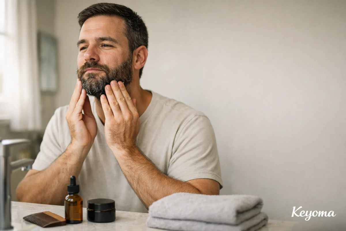 Man massaging beard at bathroom vanity with grooming oil, comb, and folded towel, Keyoma watermark visible.