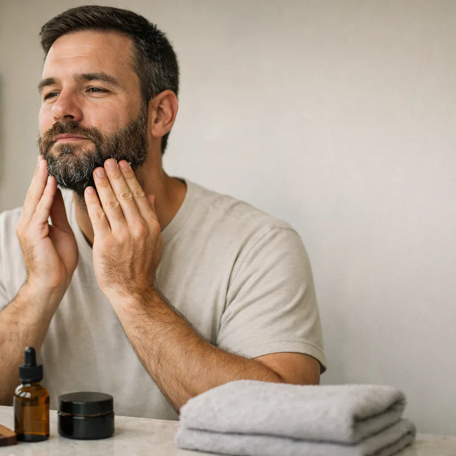 Man massaging beard at bathroom vanity with grooming oil, comb, and folded towel, Keyoma watermark visible.