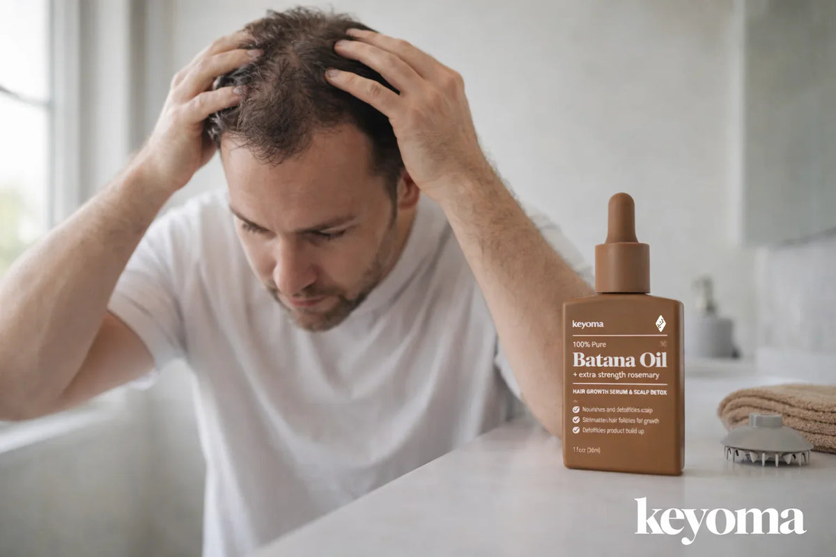 Man massaging thinning scalp at bathroom vanity next to Keyoma Batana Oil bottle.