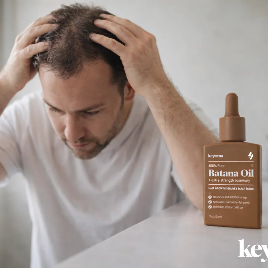 Man massaging thinning scalp at bathroom vanity next to Keyoma Batana Oil bottle.