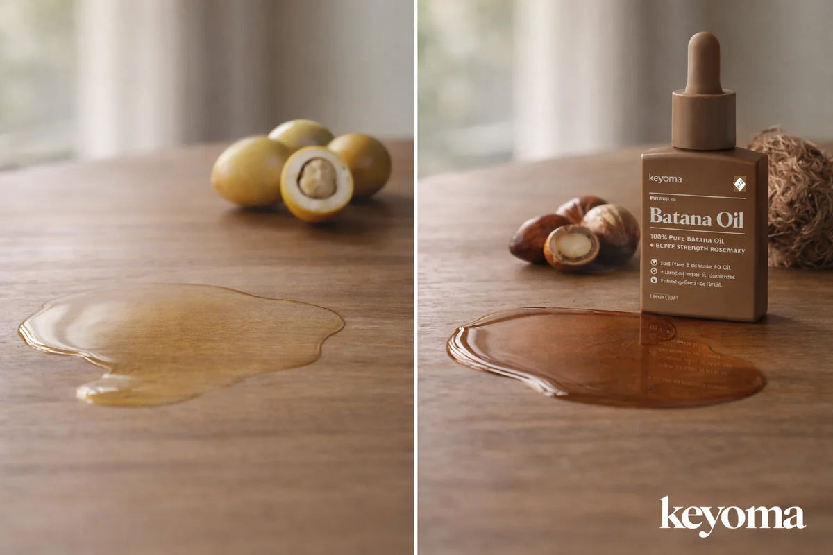 Marula vs batana oil comparison showing oil texture spills on wooden surface with Keyoma bottle and seeds.