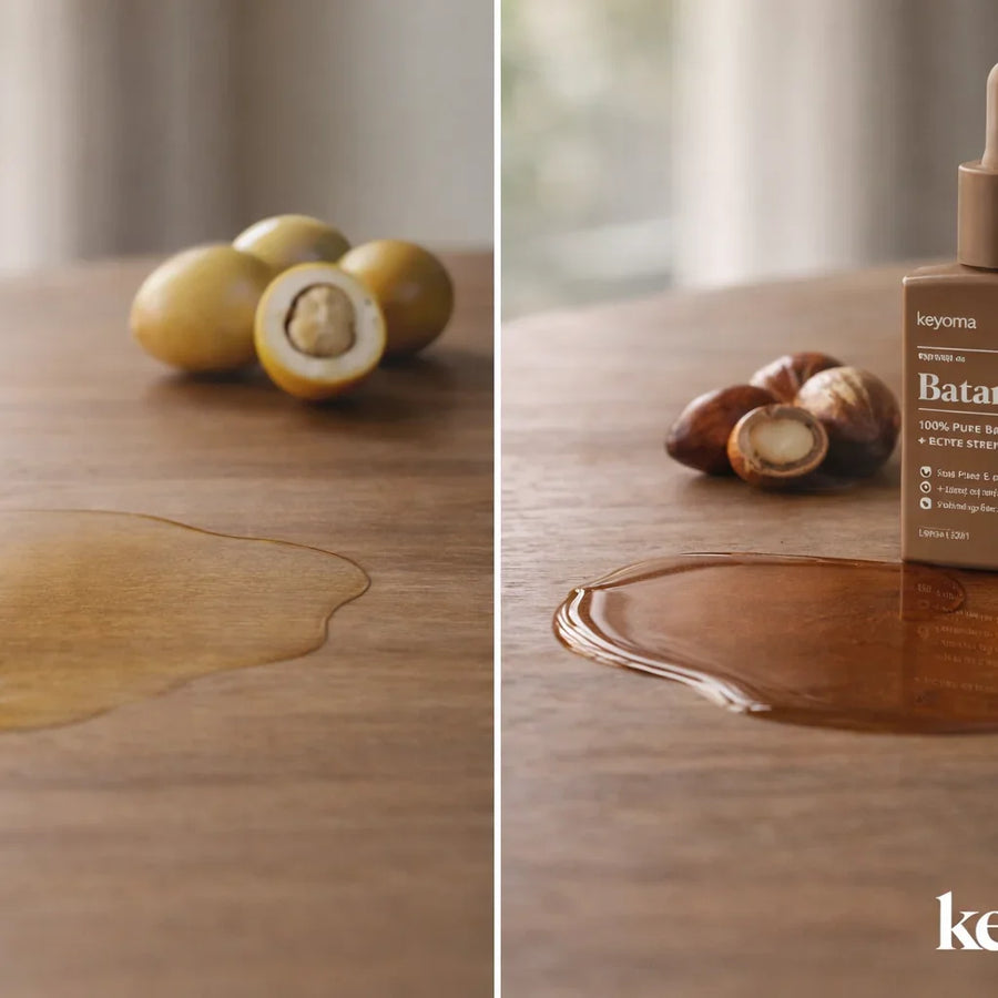 Marula vs batana oil comparison showing oil texture spills on wooden surface with Keyoma bottle and seeds.