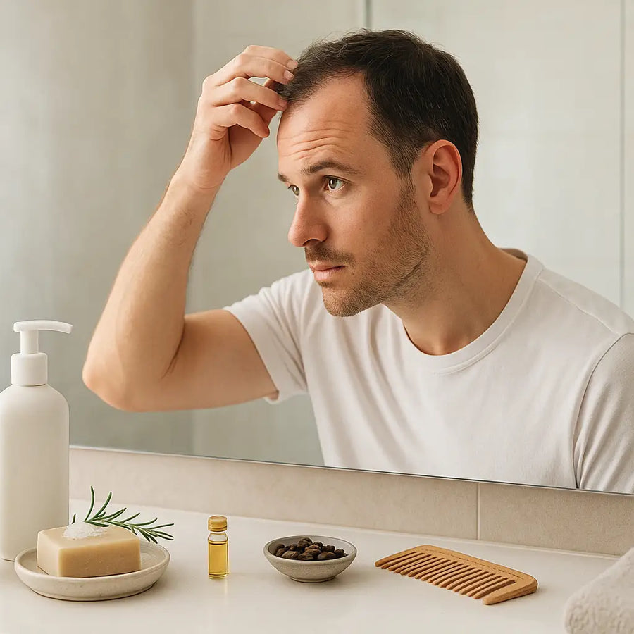 A man examines a thinning hairline in a bathroom mirror beside gentle shampoo bottles, a rosemary shampoo bar, treatment oil, and a wooden comb, reflecting Keyoma’s men’s scalp-care routine.