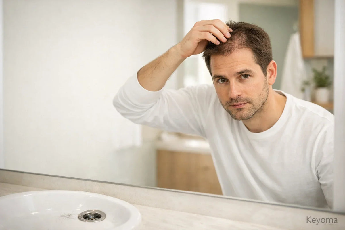Man checks early hair thinning in bathroom mirror; Keyoma image for men's hair loss.