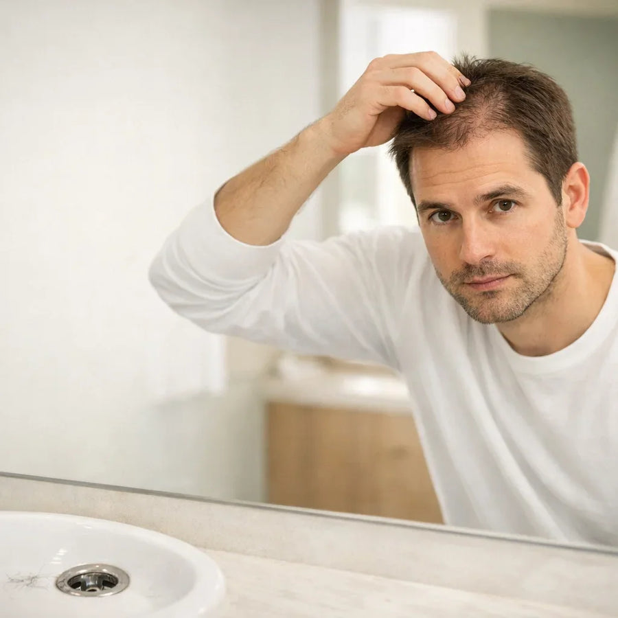 Man checks early hair thinning in bathroom mirror; Keyoma image for men's hair loss.