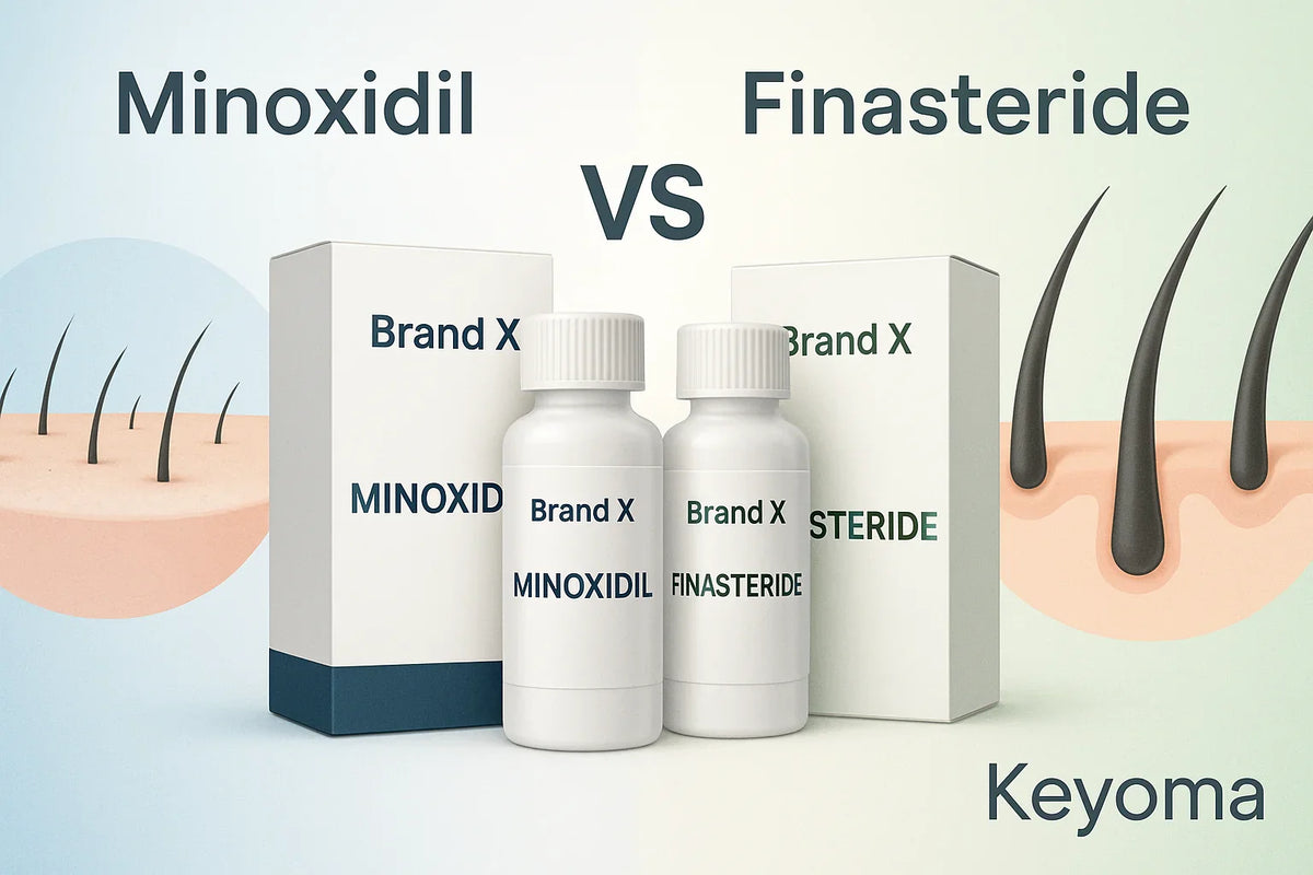 Minoxidil and Finasteride bottles displayed side by side with hair growth background, illustrating Keyoma’s focus on effective hair loss solutions.