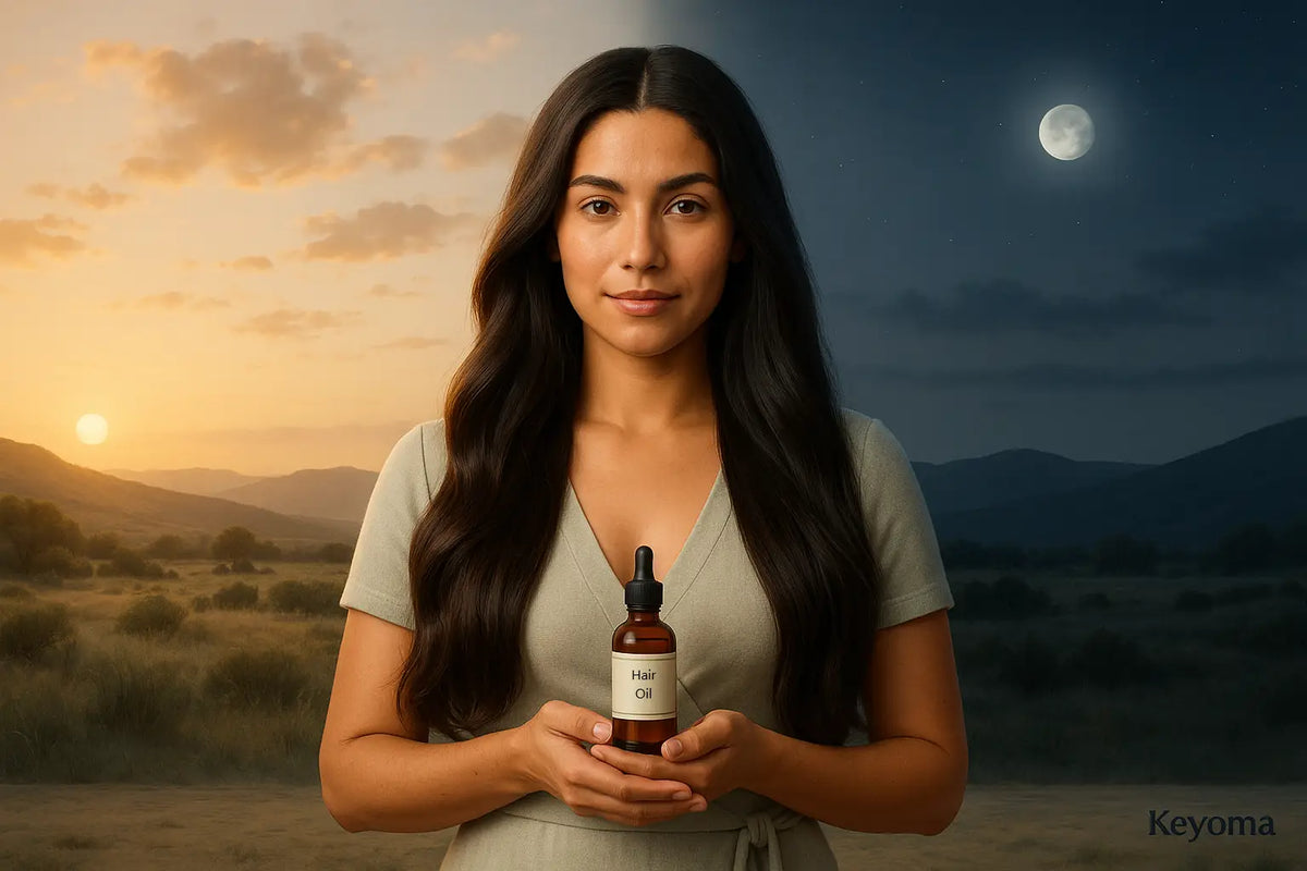 Keyoma model holds amber hair oil bottle between day and night skies, suggesting morning and overnight routine.