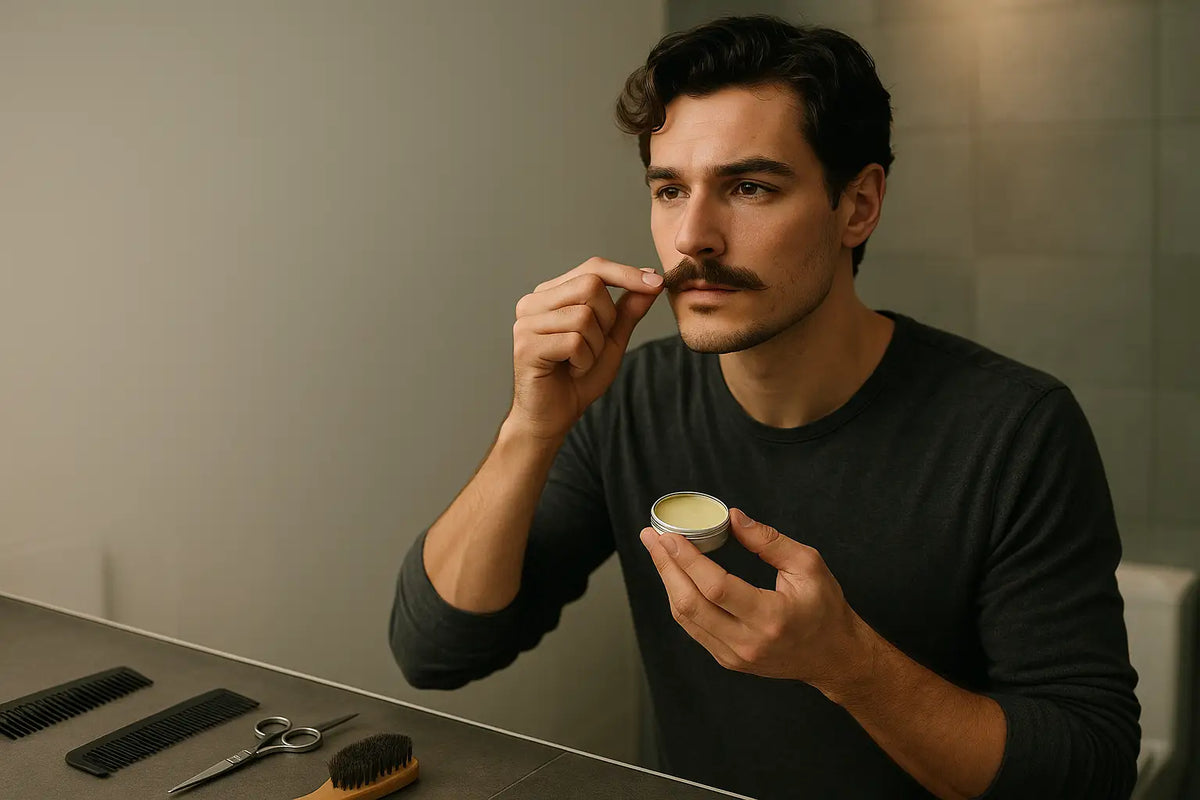 Man applies mustache balm in bathroom, following Keyoma routine for styling control and neat grooming.