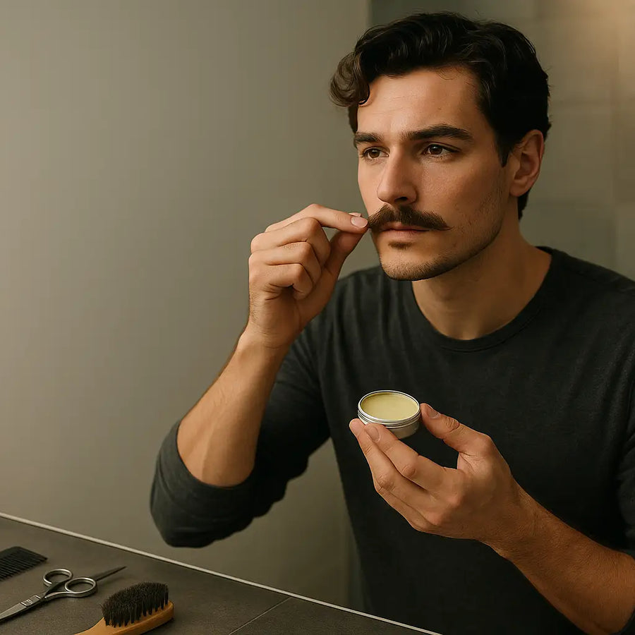 Man applies mustache balm in bathroom, following Keyoma routine for styling control and neat grooming.