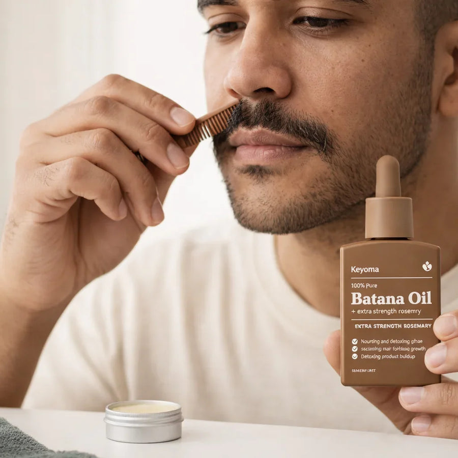 Man grooming mustache while holding Keyoma Batana Oil, highlighting mustache conditioning and rosemary hair growth support.