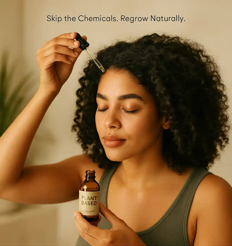 Woman with curly hair applying Keyoma plant-based serum to scalp, promoting natural regrowth without chemicals