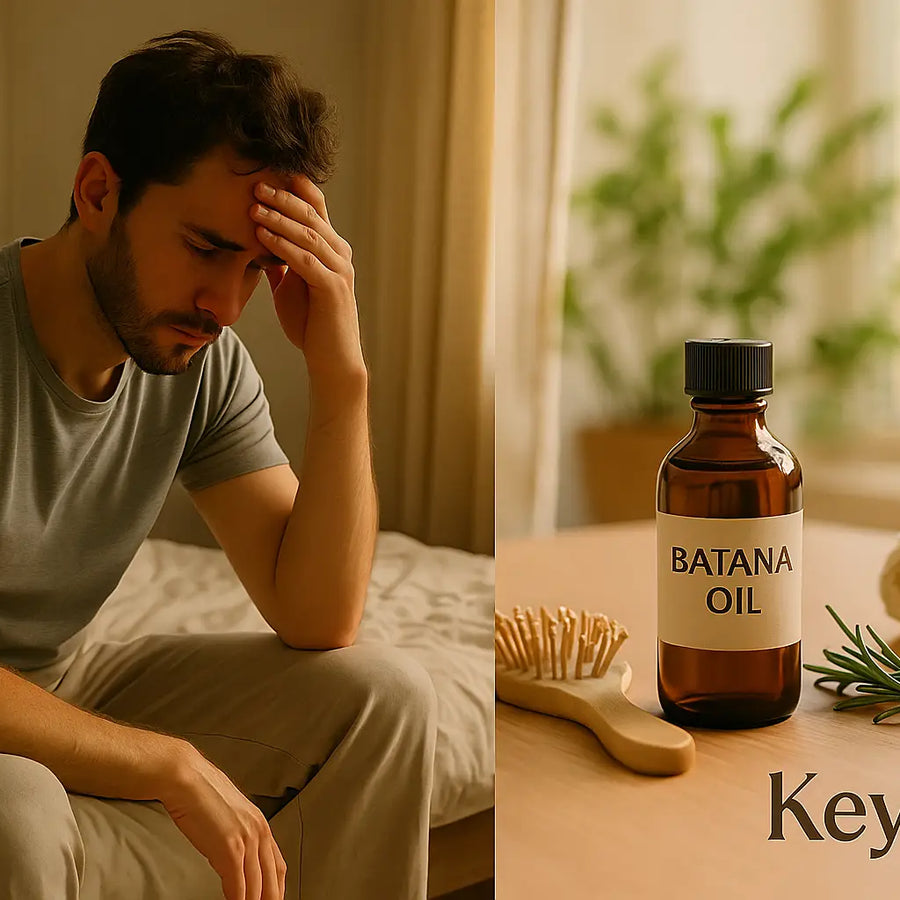 A Keyoma visual showing a man concerned about hair loss, paired with a natural remedy—batana oil—on a table with a brush and rosemary sprig.