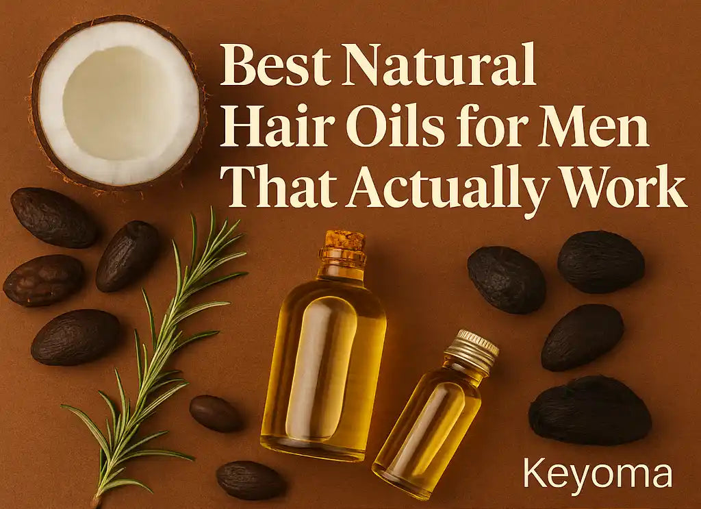 Banner showing coconut, rosemary, and oil bottles with the title “Best Natural Hair Oils for Men That Actually Work” and Keyoma branding