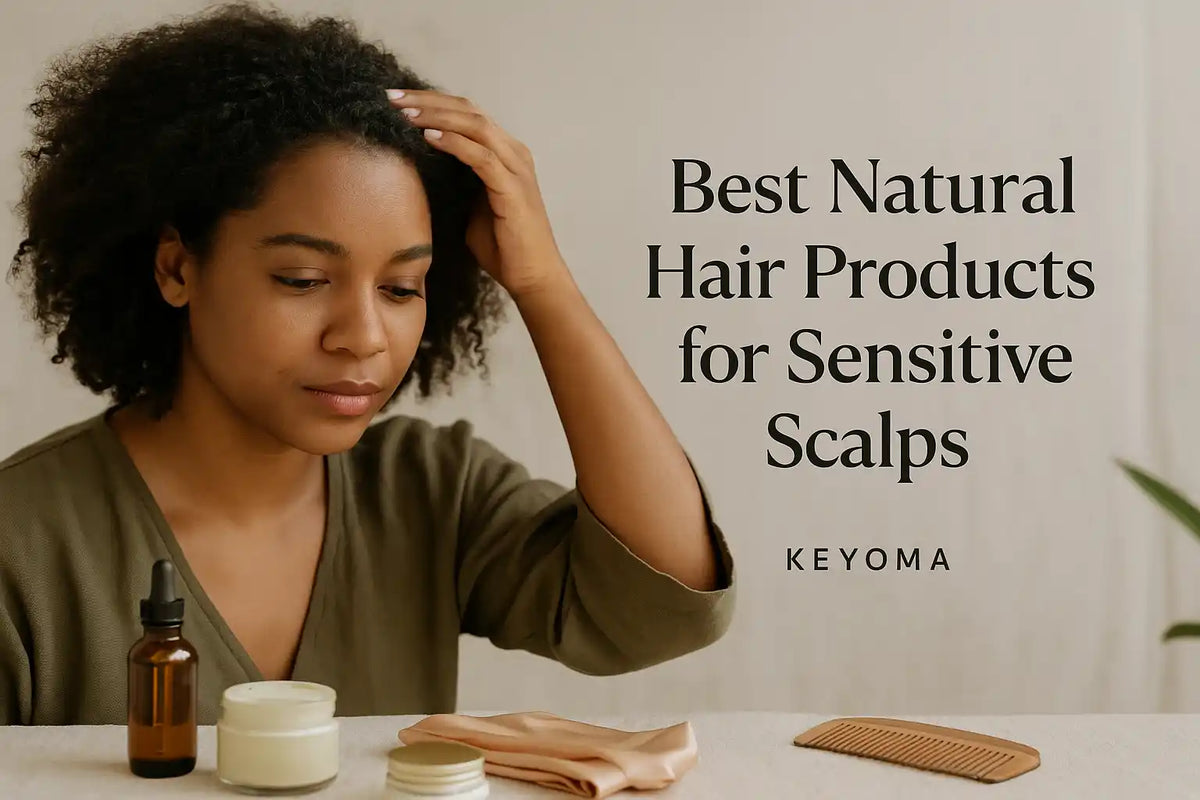 Realistic blog banner for Keyoma featuring a woman with natural hair touching her scalp beside plant-based hair care products.