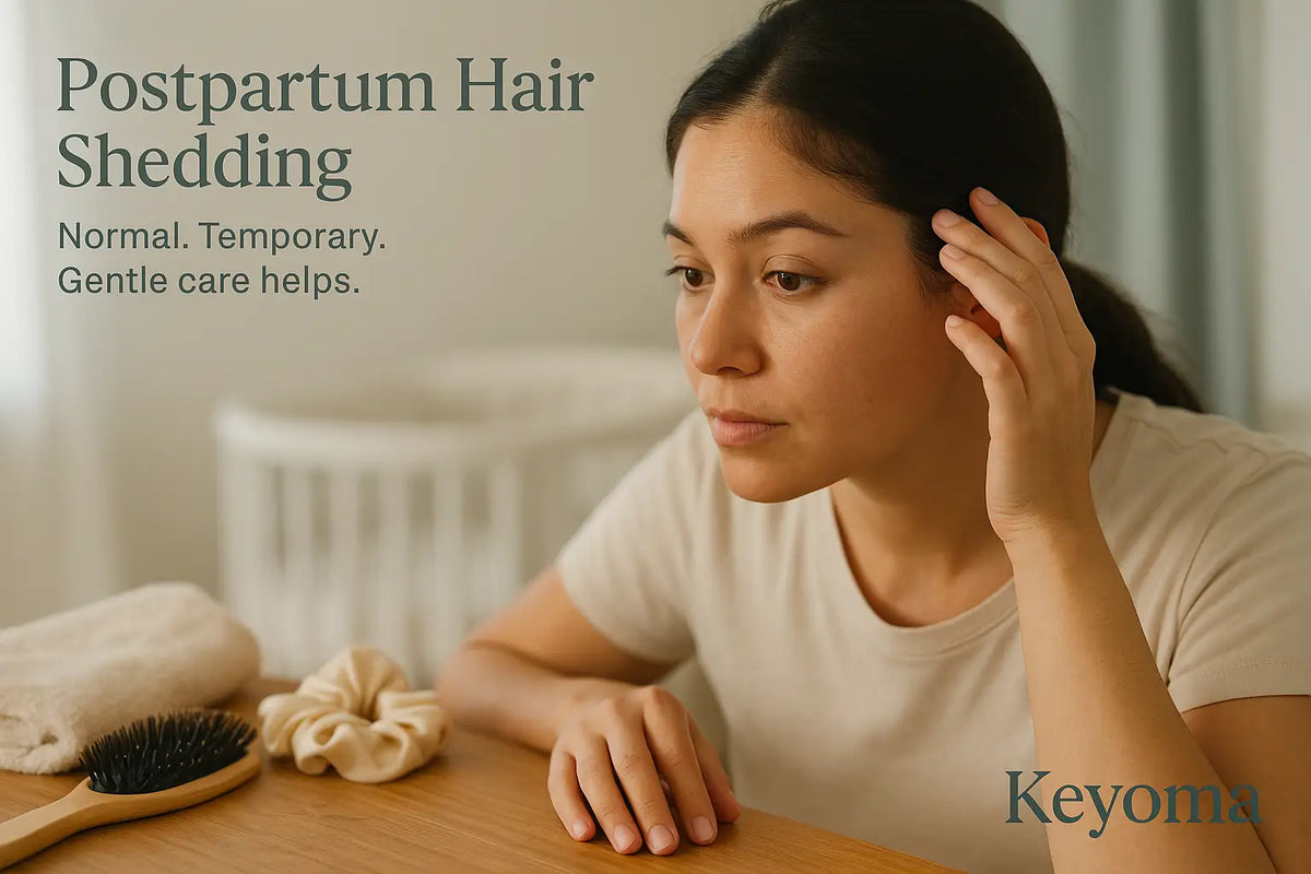 A woman examines her hairline while experiencing postpartum hair shedding, with Keyoma highlighting that the condition is normal and temporary when supported by gentle care.