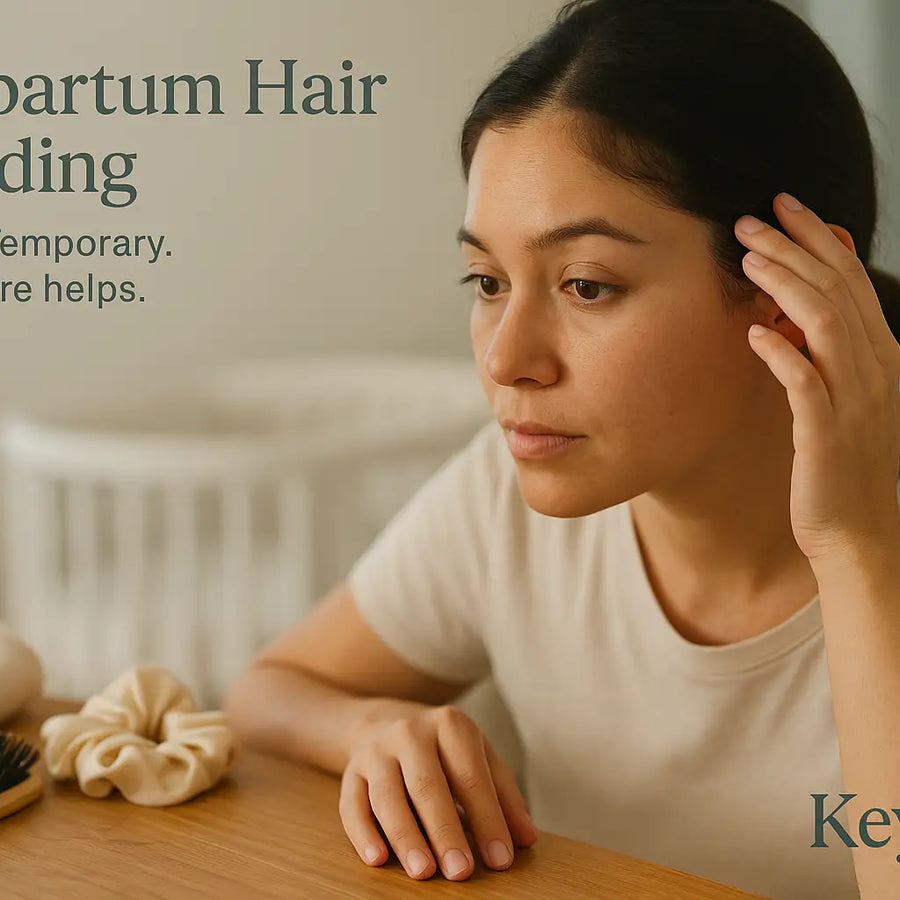 A woman examines her hairline while experiencing postpartum hair shedding, with Keyoma highlighting that the condition is normal and temporary when supported by gentle care.
