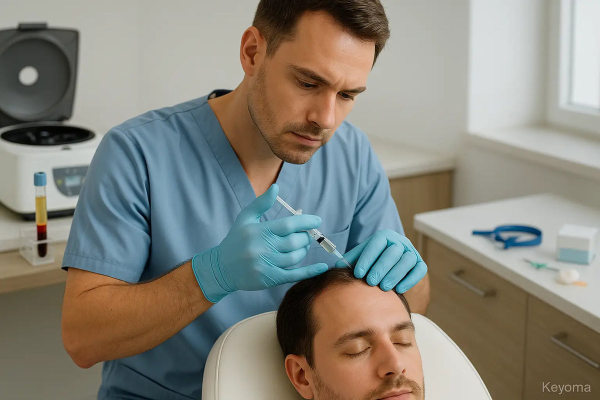 A doctor carefully performs PRP hair therapy on a patient’s scalp, with Keyoma highlighting the treatment process.