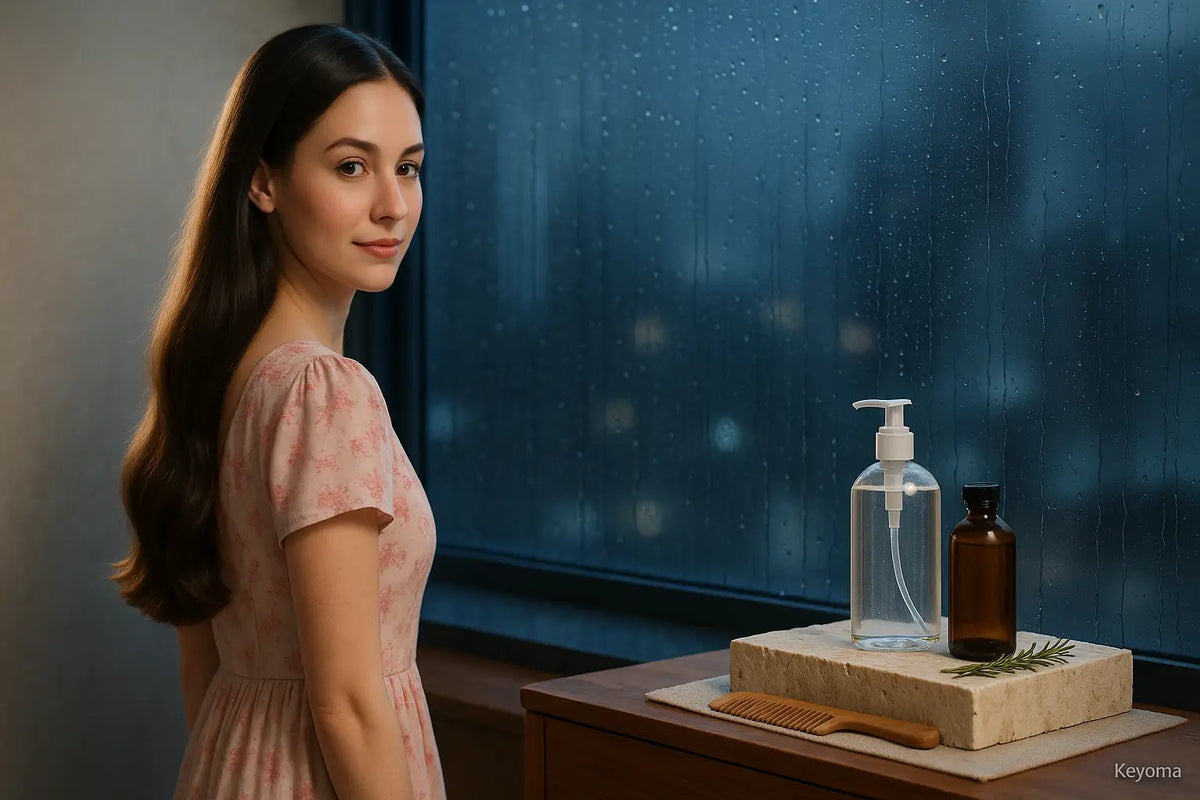 A woman with long wavy hair stands by a rain-speckled window next to a stone tray holding a clear pump bottle, an amber bottle, a wooden comb, and a rosemary sprig, showing a calm nighttime hair-care moment by Keyoma.