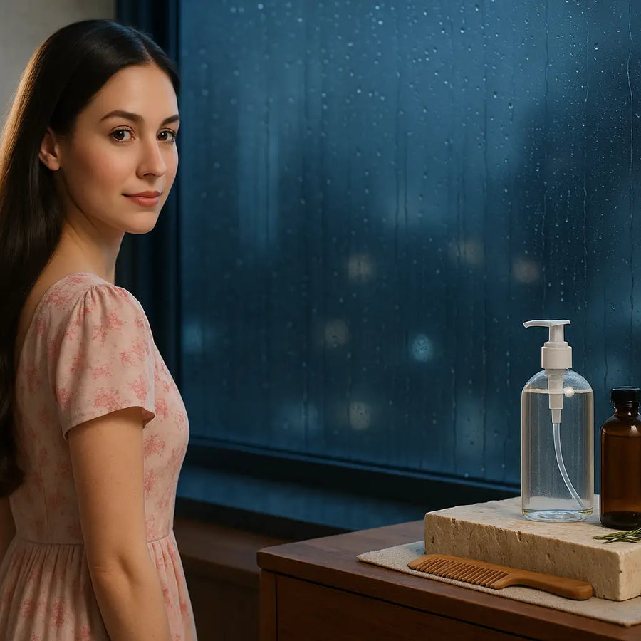A woman with long wavy hair stands by a rain-speckled window next to a stone tray holding a clear pump bottle, an amber bottle, a wooden comb, and a rosemary sprig, showing a calm nighttime hair-care moment by Keyoma.