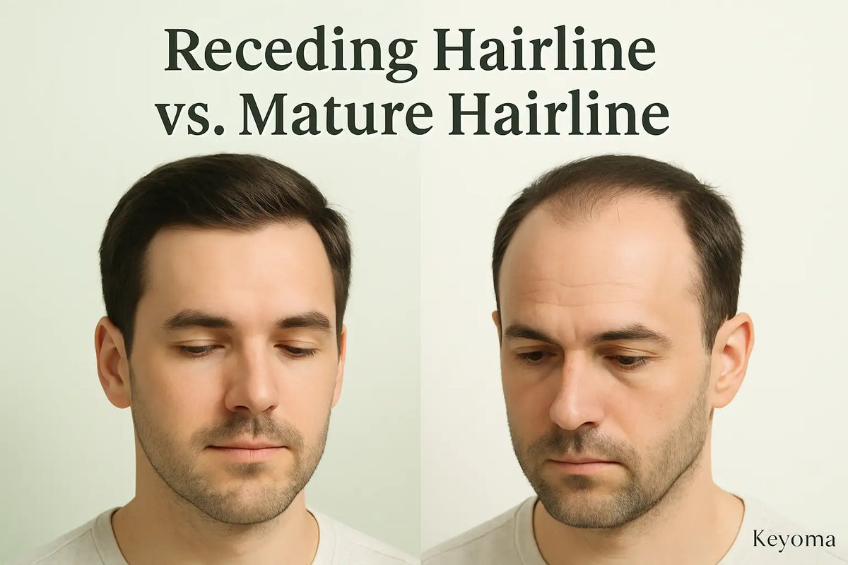 A Keyoma comparison image showing a man with a mature hairline on the left and a man with a receding hairline on the right.