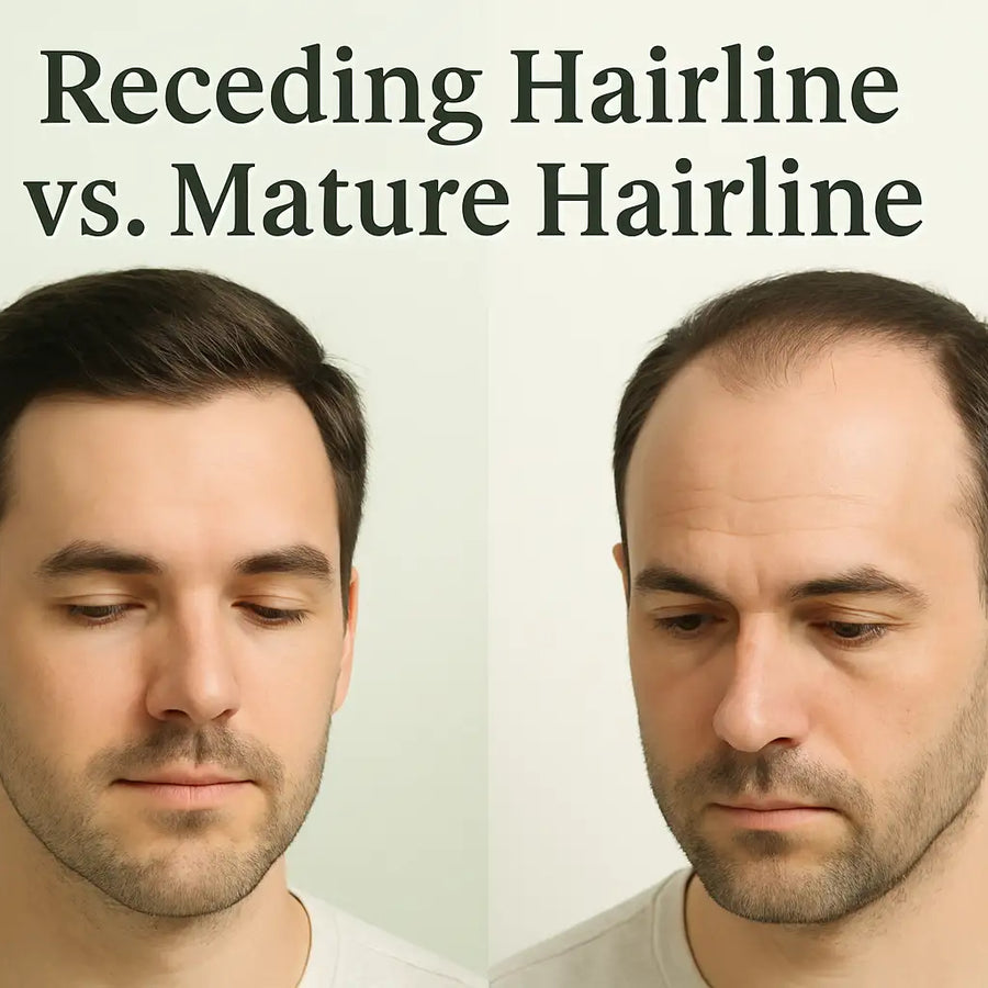 A Keyoma comparison image showing a man with a mature hairline on the left and a man with a receding hairline on the right.