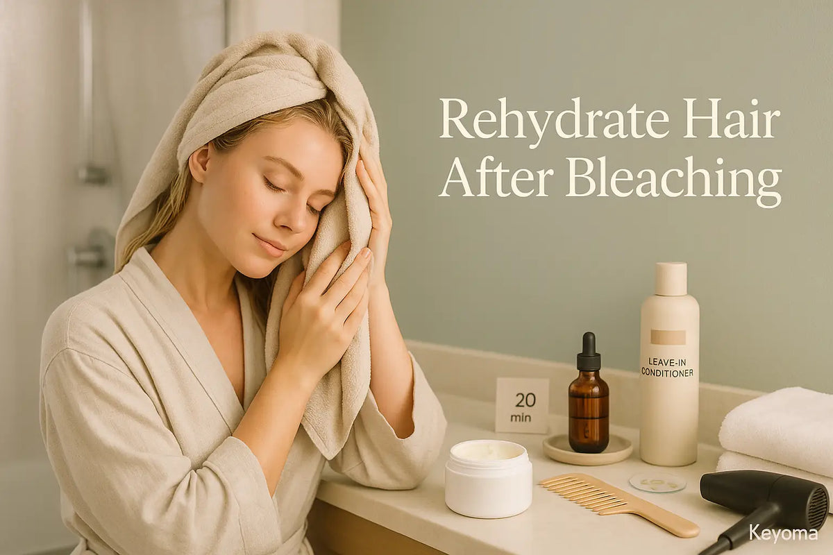 A woman with a towel gently blots her hair beside a leave-in conditioner, hair mask, dropper oil, comb, and hair dryer, illustrating Keyoma steps to rehydrate hair after bleaching.