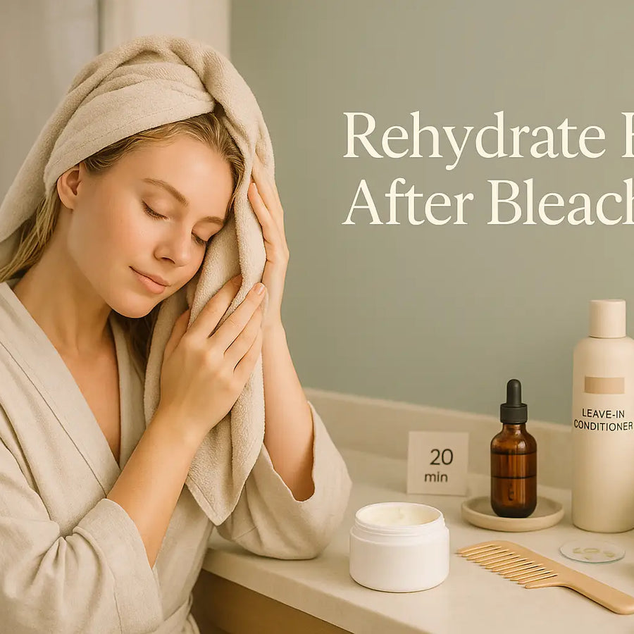 A woman with a towel gently blots her hair beside a leave-in conditioner, hair mask, dropper oil, comb, and hair dryer, illustrating Keyoma steps to rehydrate hair after bleaching.
