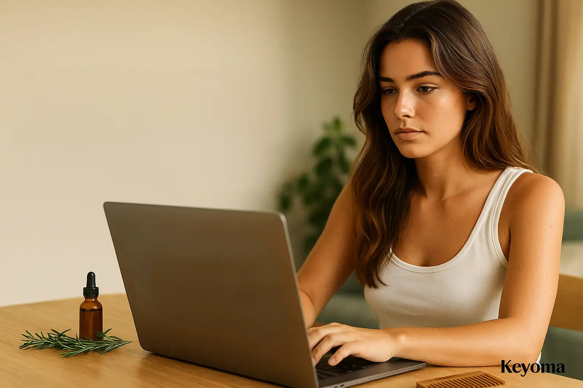 A woman researches hair oil on a laptop beside a rosemary dropper bottle, reflecting Keyoma’s guidance to verify sellers and product details before buying.