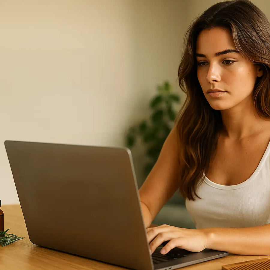 A woman researches hair oil on a laptop beside a rosemary dropper bottle, reflecting Keyoma’s guidance to verify sellers and product details before buying.